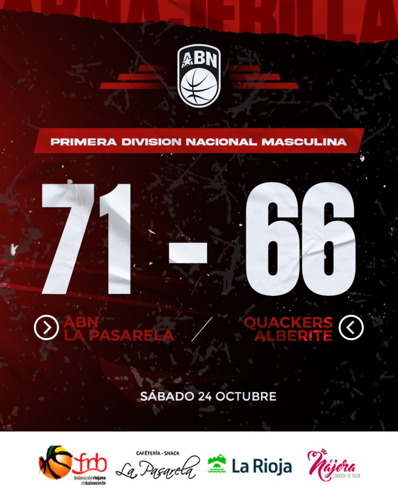 Gráfica del resultado: ABN La Pasarela 71 - Quackers Alberite 66, jornada 3 de Primera División Nacional Masculina